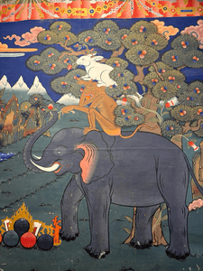 Wandmalerei der vier harmonischen Freunde – Elefant, Affe, Hase und Vogel an einem Fruchtbaum – im Rinpung Dzong in Paro, Bhutan